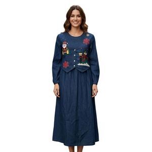 Mosaic Size 10 Twofer Denim Long Dress Embroidered Snowman Print Winter Teacher